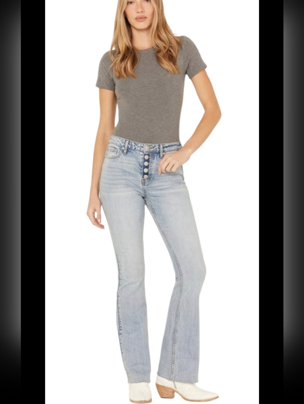 Cleo + Wolf High Rise Bootcut Jeans 29x34 Light Wash Button Fly Flare Denim